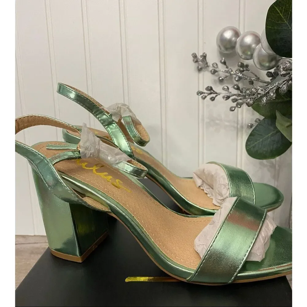 Lulus Womens Metallic Green Sandal High Heel Wedge Shoe Sz 6